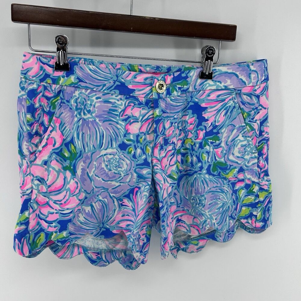 Lilly Pulitzer Buttercup Scallop Shorts Women's 6 Blue Pink Vibrant Floral Short